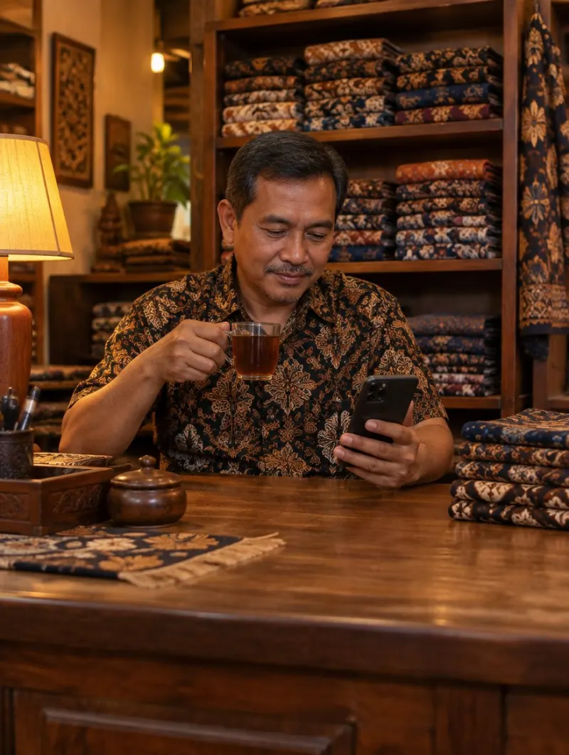 Pemilik toko batik memeriksa ponsel sambil minum teh