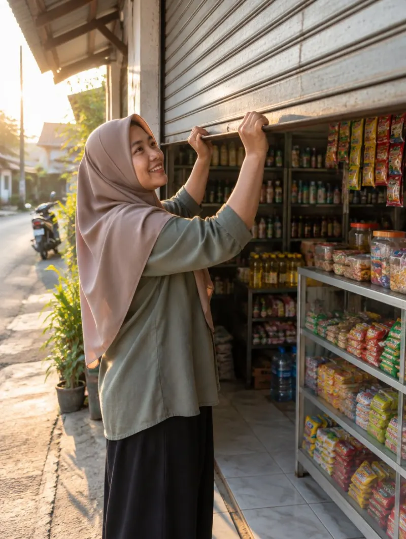 Pemilik toko membuka rolling door tokonya di pagi hari