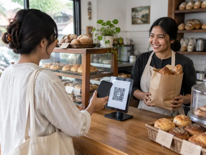 Pembeli di toko roti membayar dengan memindai QR di tablet kasir.