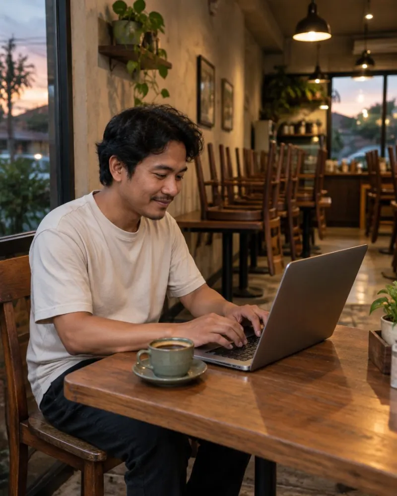 Pemilik kafe mengetik di laptop di meja pojok setelah toko tutup, secangkir kopi di sampingnya.