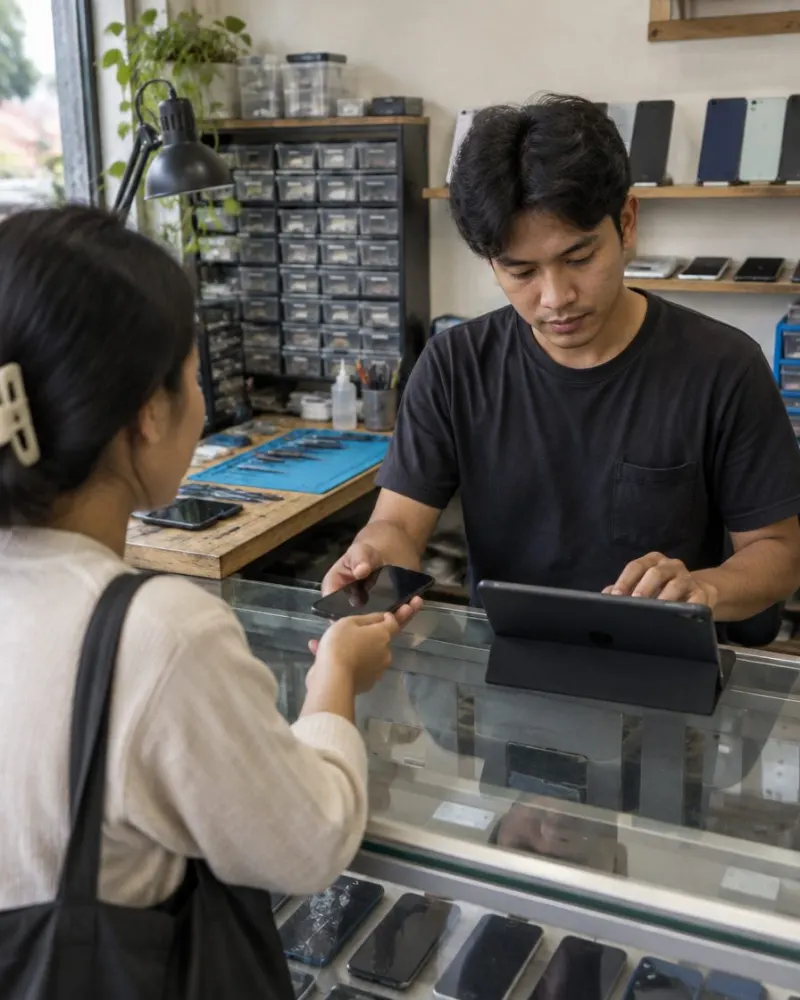 Teknisi servis HP menerima ponsel dari pelanggan di meja depan sambil mencatat di tablet.