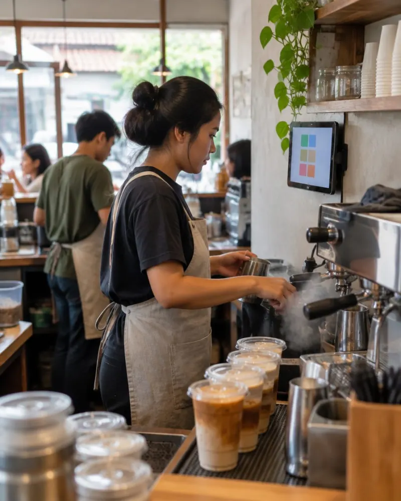 Barista membaca tiket pesanan di tablet yang terpasang di dinding bar kopi.