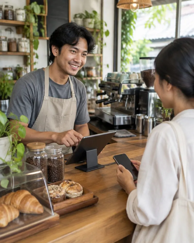 Barista kedai kopi mencatat pesanan di tablet kasir, pelanggan menunggu sambil memegang HP.