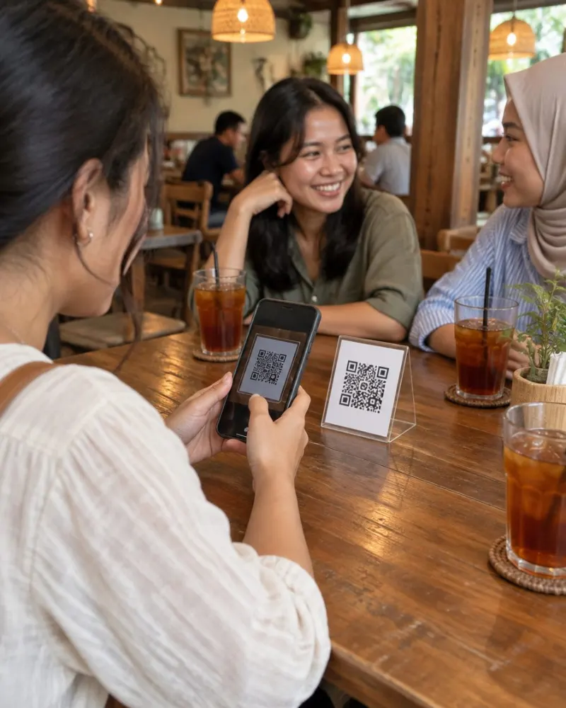 Tamu restoran memindai QR di meja dengan HP-nya sambil teman-temannya mengobrol.