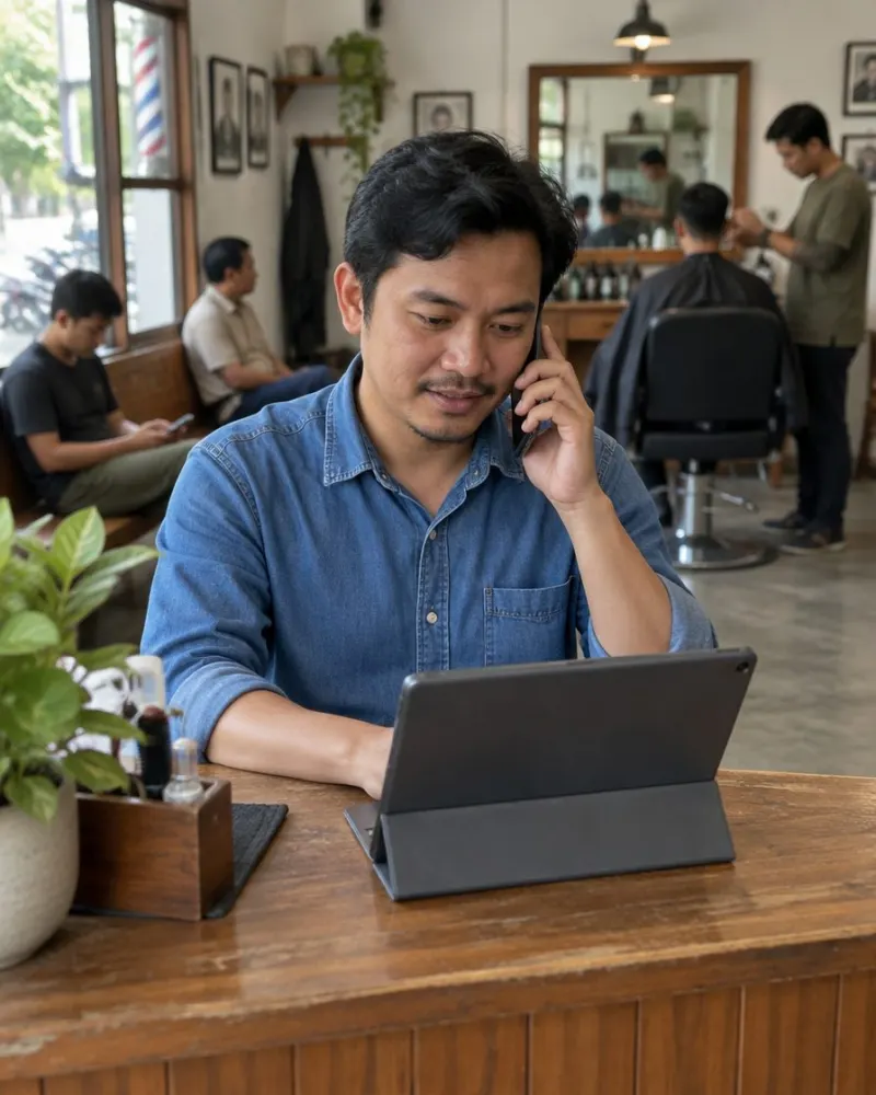 Pemilik barbershop menerima booking lewat telepon sambil melihat tablet di meja depan.