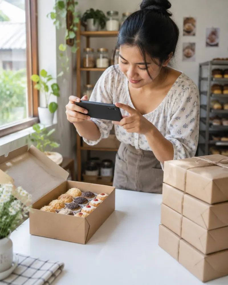 Pemilik usaha kue rumahan memotret kotak kue dengan HP untuk toko online, paket kiriman tertumpuk di sampingnya.